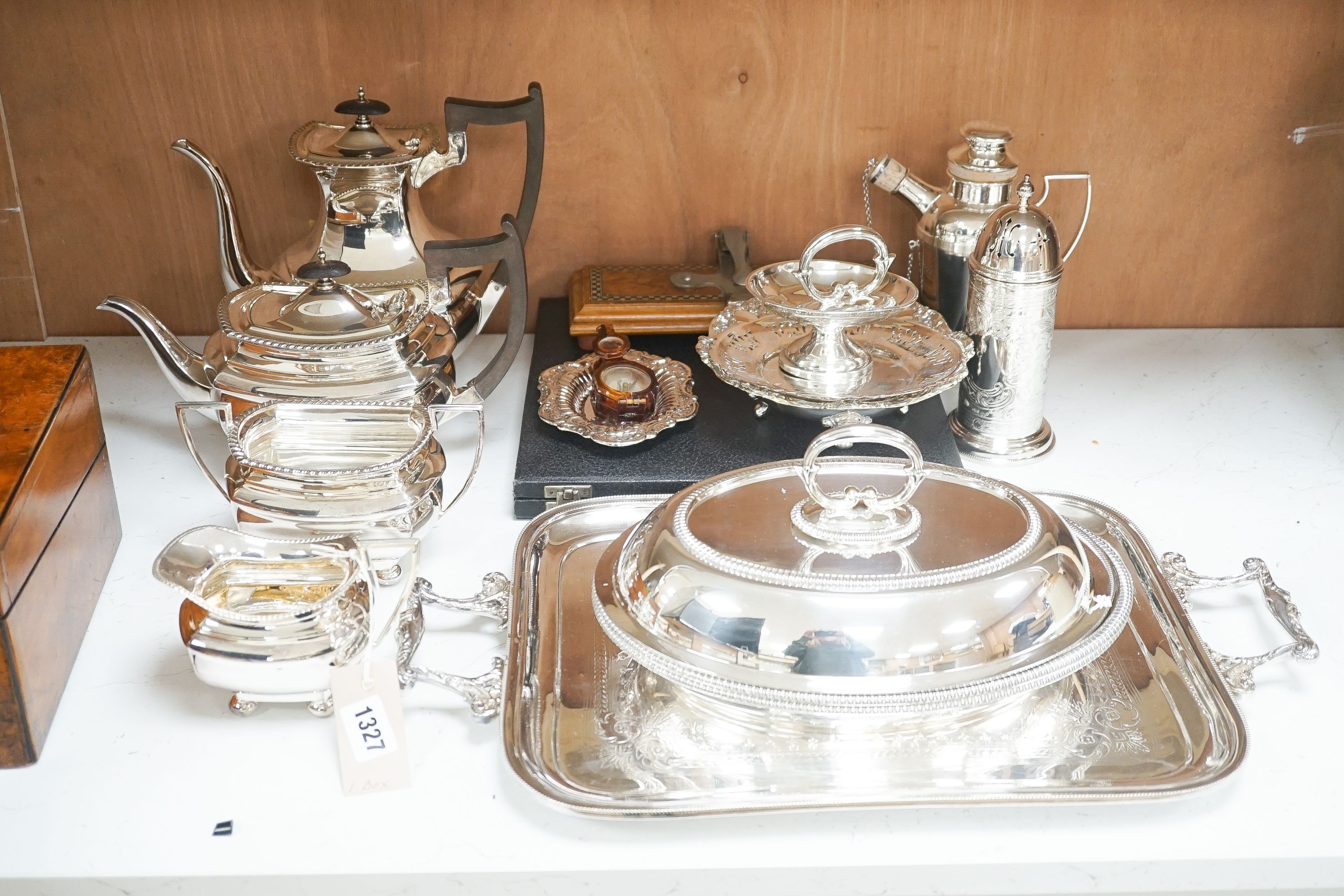 Assorted plated wares, including a four piece plated tea and coffee set